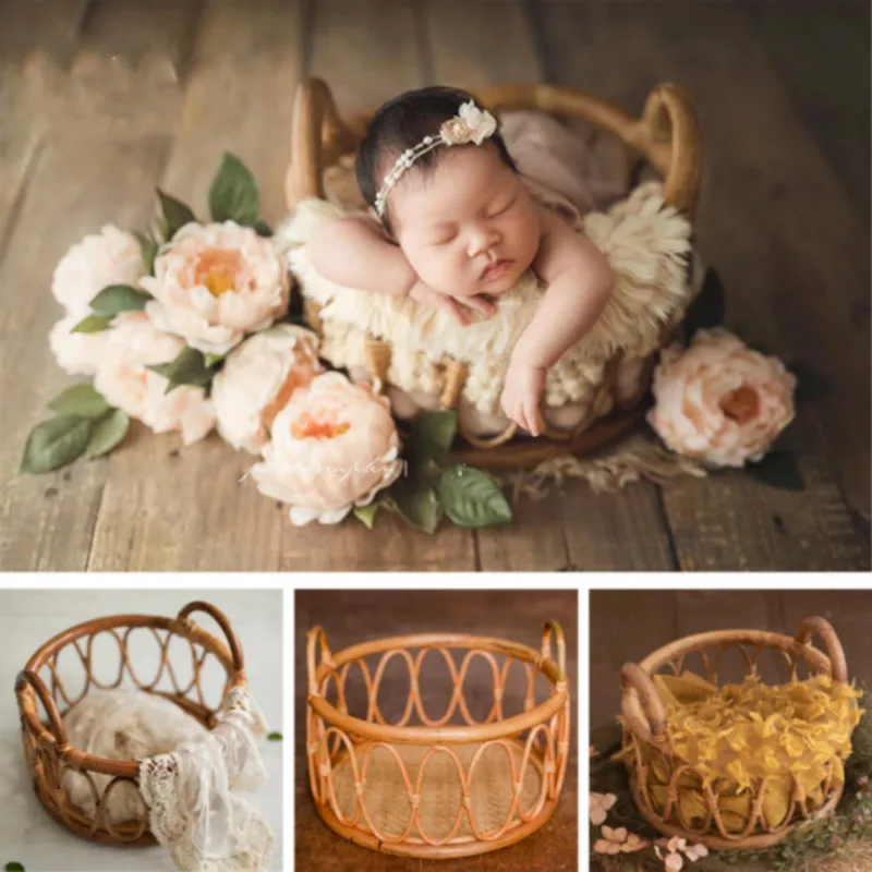 Newborn Photography Props Retro Rattan Basket Posing Baby Photo Basket Infantil Photo Shoot Accessories Full-moon Weaving Basket