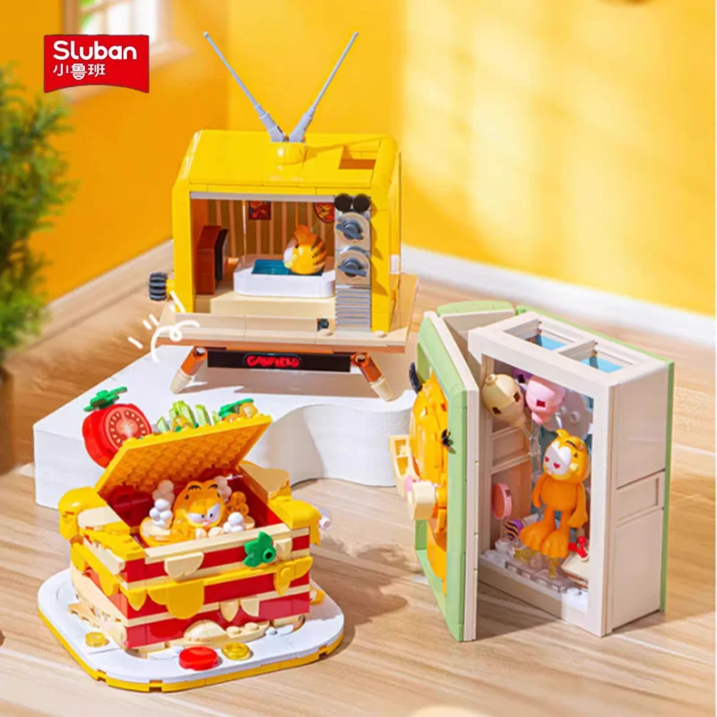 SLUBAN Kawaii Garfield Jointly Signed Cartoon Puzzle Block Creative Book TV Shape Storage Box Pen Holder Ornament Holiday Gift