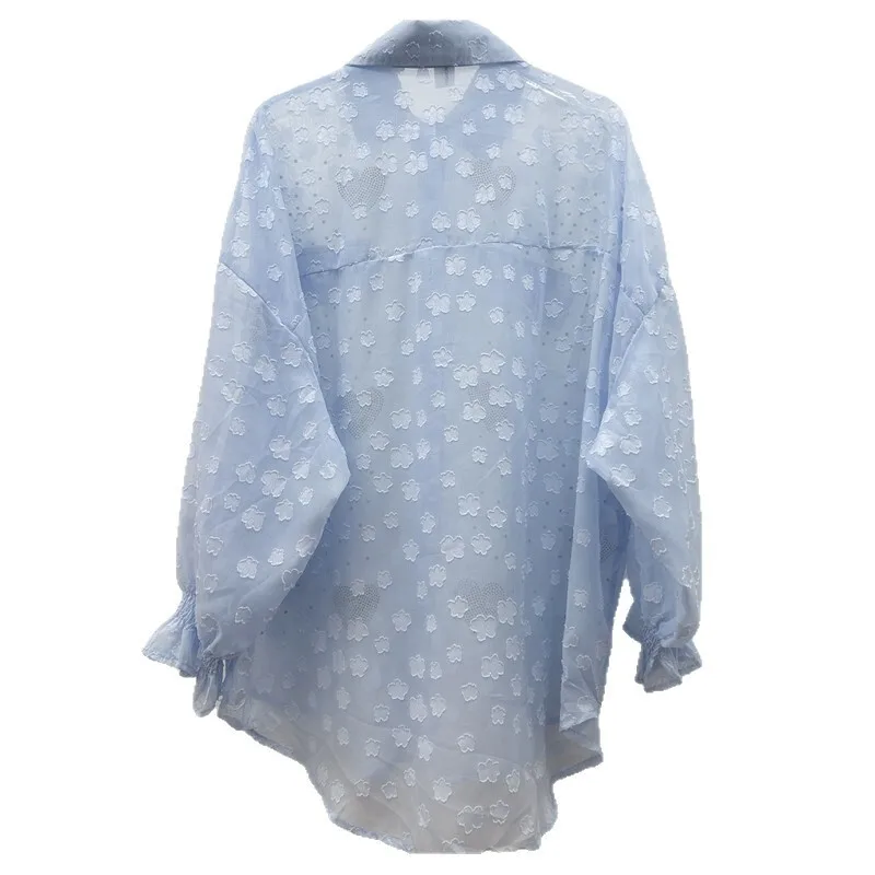 WTHT Mode Vrouwen Zware Industrie Harten Diamanten Chiffon Shirt 2025, Zomer Trendy Revers Lange Mouwen Zonnebrandcrème Kleding 1LS1813