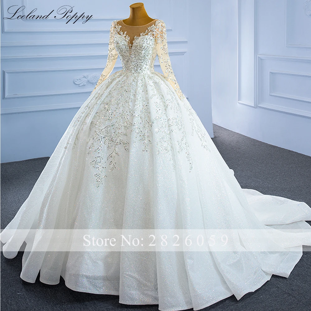 Lceland Poppy Customized Scoop Neck Ball Gown Wedding Dresses Full Sleeves Sequined Beaded Bridal Gowns with Chapel Train