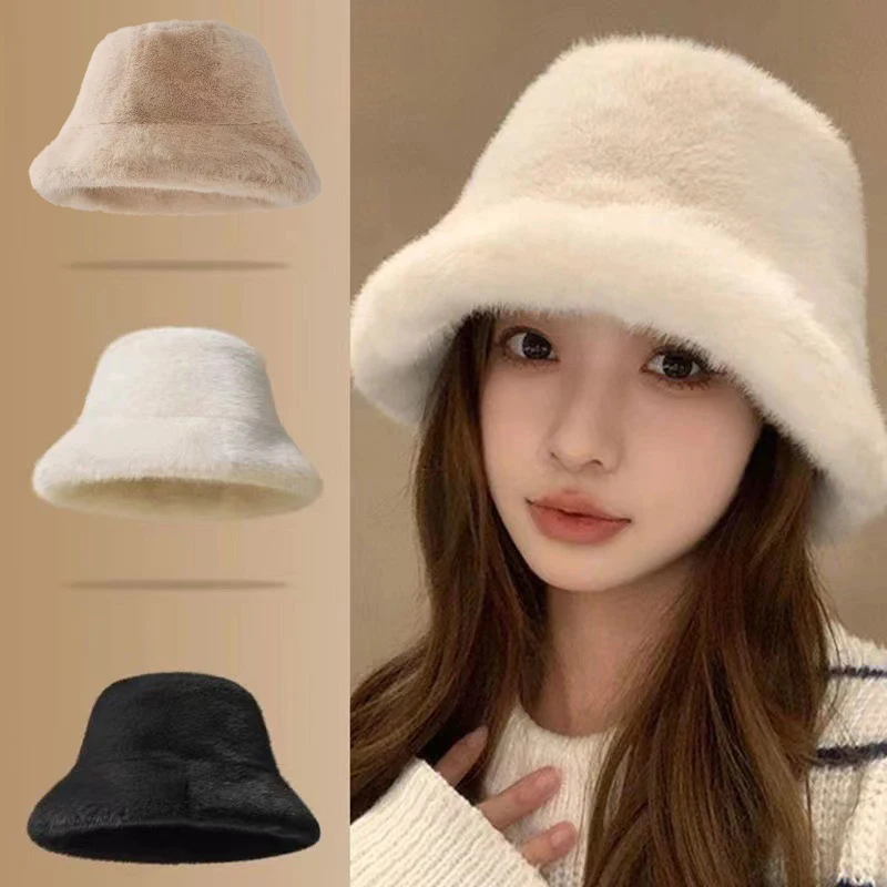 Winter Windproof Warm Women's Fashion Solid Color Plush Hat Bucket Cap Fluffy Fisherman's Hat Ear Protection Cap Panama Caps image 2