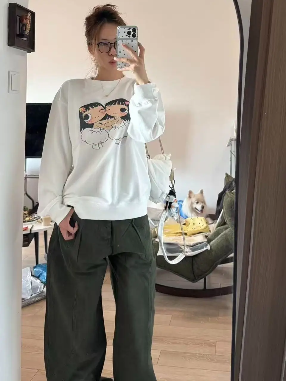 Korean Style Long Sleeve Cartoon Print T-Shirt Women's Fun Design Beautiful Standard Fit Cotton Crew Neck Sweatshirt