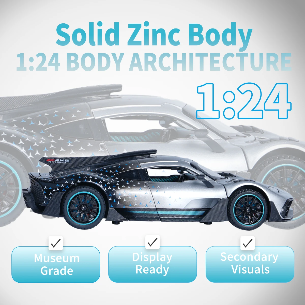 Modello di supercar in lega grigia 1:24 con suono e luce, tirare indietro, tre porte, coda sollevabile, sterzo ruota anteriore, ammortizzatore a quattro ruote, giocattolo per ragazzo
