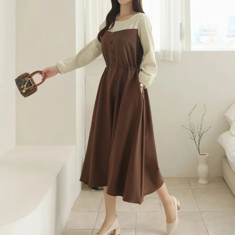 Autumn Winter Women's Dresses Loose Plus Size O-Neck Lady Vestidos Long Sleeve Patchwork Color Big Pocket Fake Two Piece Clothes