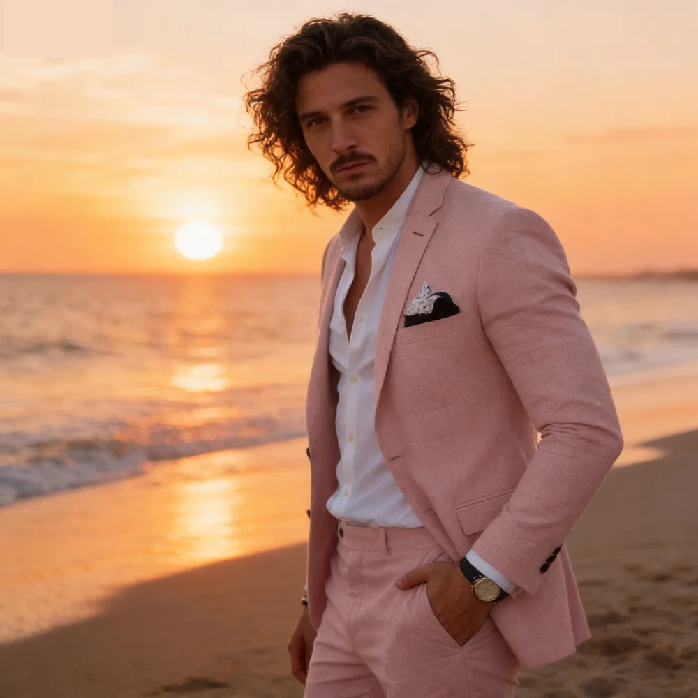 

Men's Summer Linen 2-Piece Suit Set Beach Wedding Vacation Dance Ternos Casual Formal Men's Clothing
