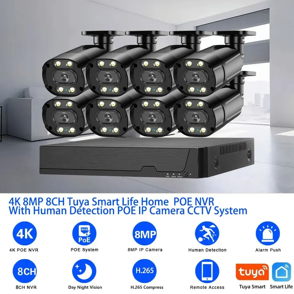 Imagem -02 - Cctv Câmera Security System Kit Smart Life Poe 4k 8ch Nvr Grupo ao ar Livre à Prova Dágua ip Bullet Câmera Video Surveillance Tuya