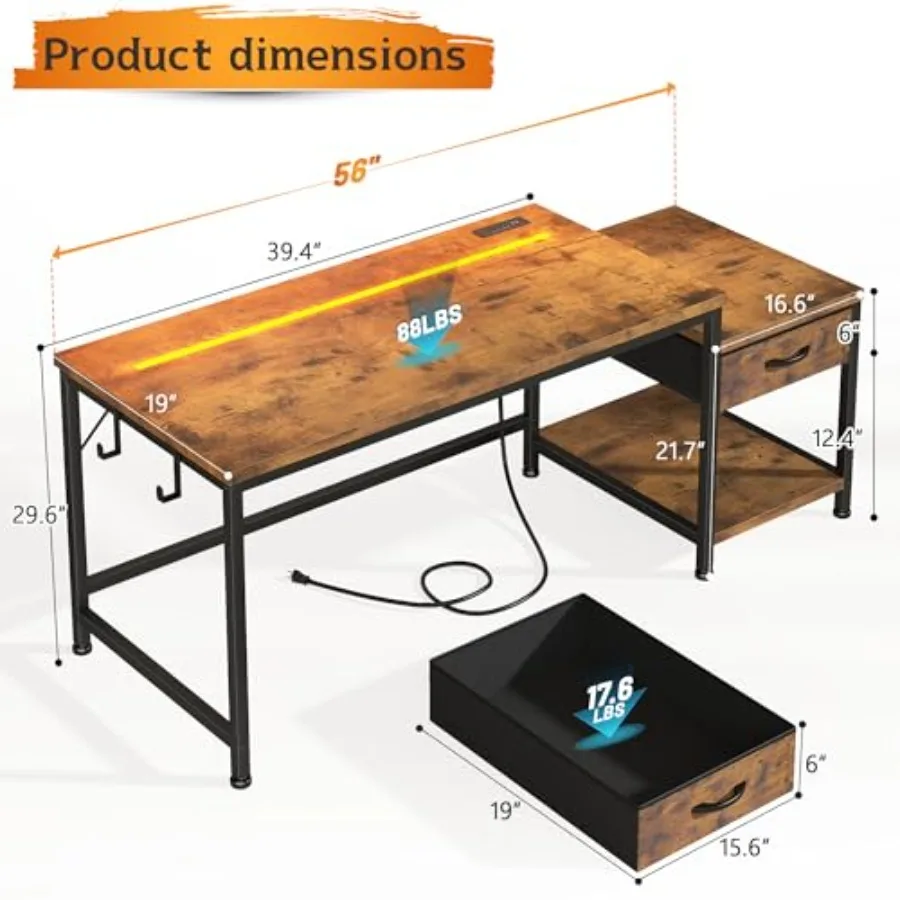 Home office computer desk with printer shelf, drawer and hook; engineered wood in white; space-saving design with cable managem