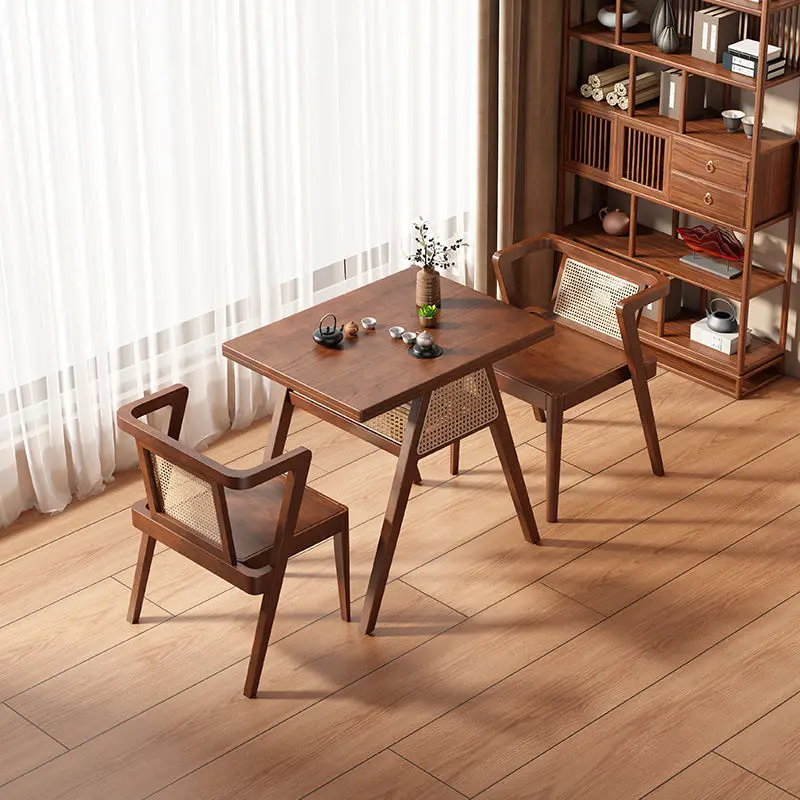 Balcony small tables and chairs rattan solid wood leisure style tea table reading and drinking tea outdoor courtyard coffee