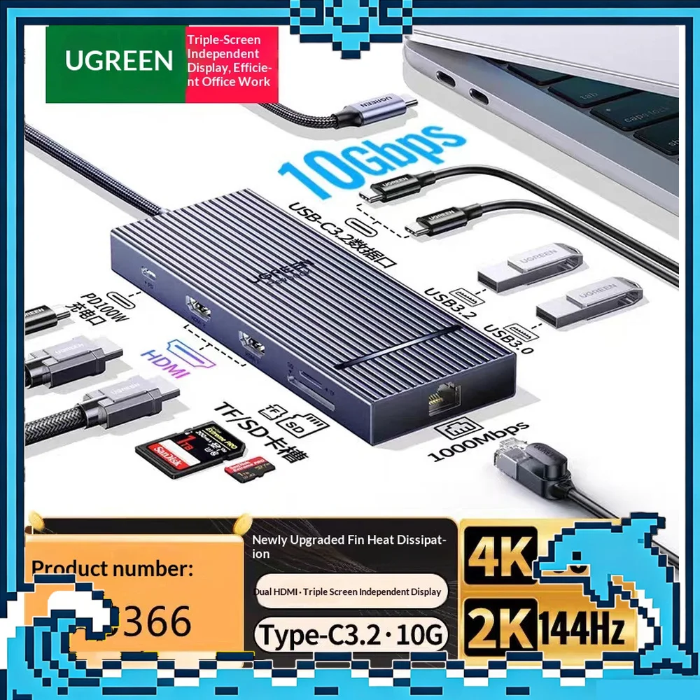 UGREEN CM886 45366 10 in 1 USB C Hub Dual 4K 60Hz HDMI Triple Display 10Gbps Gigabit Ethernet SD TF PD 100W