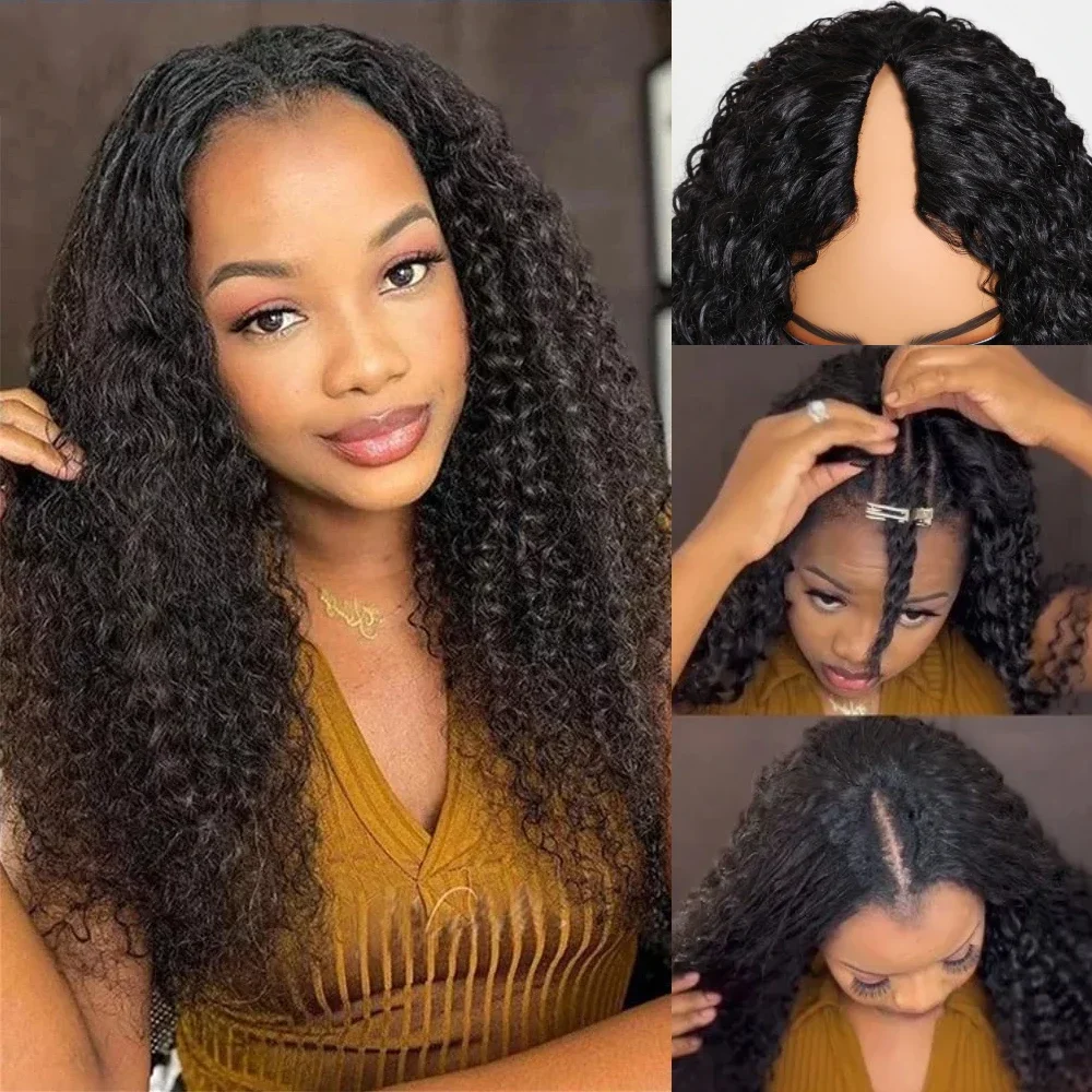 Perruques longues bouclées en cheveux humains avec raie en V, densité 200, perruque ondulée effet eau pour femmes, perruques à clipser en cheveux humains avec raie en V, 16-32 pouces