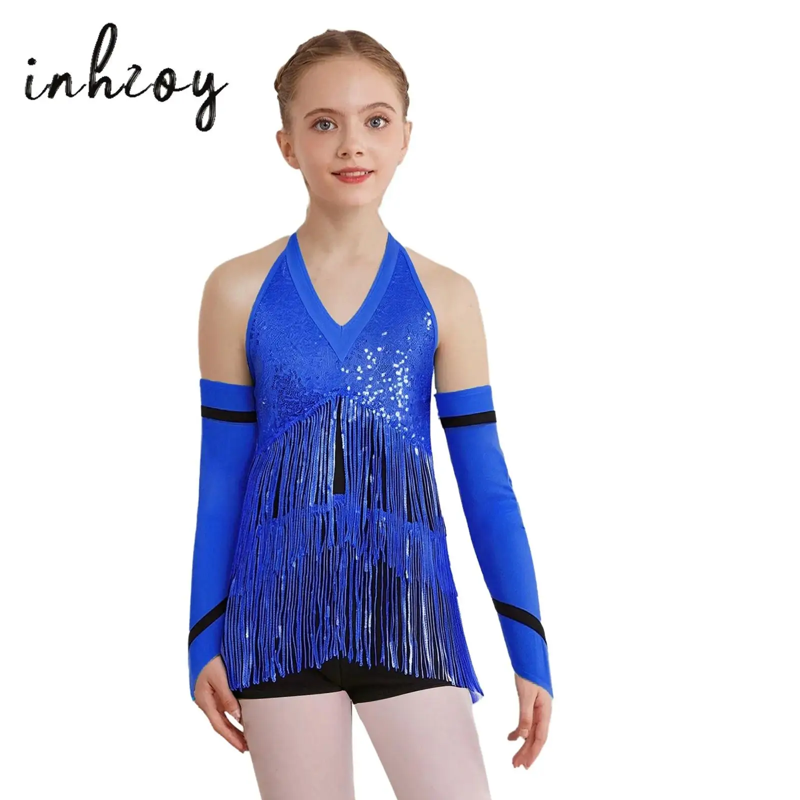 

Kids Girls Latin Jazz Dance Performance Costume Halter Sleeveless Strappy Back Shiny Sequins Color Block Leotard with Gloves