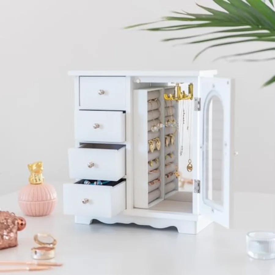 Wooden Jewelry Box with Mirror, Large Capacity Jewelry Organizer with 4 Drawers and Swing Door, Necklace Hooks, Ring Slots, Ele