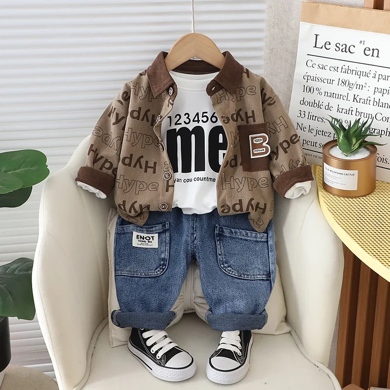 Baby Tracksuit Set 2024 Spring Boy Clothes 1 To 5 Years Korean Style Cardigan Coats + White T-shirts + Jeans Kids Boys Outfits