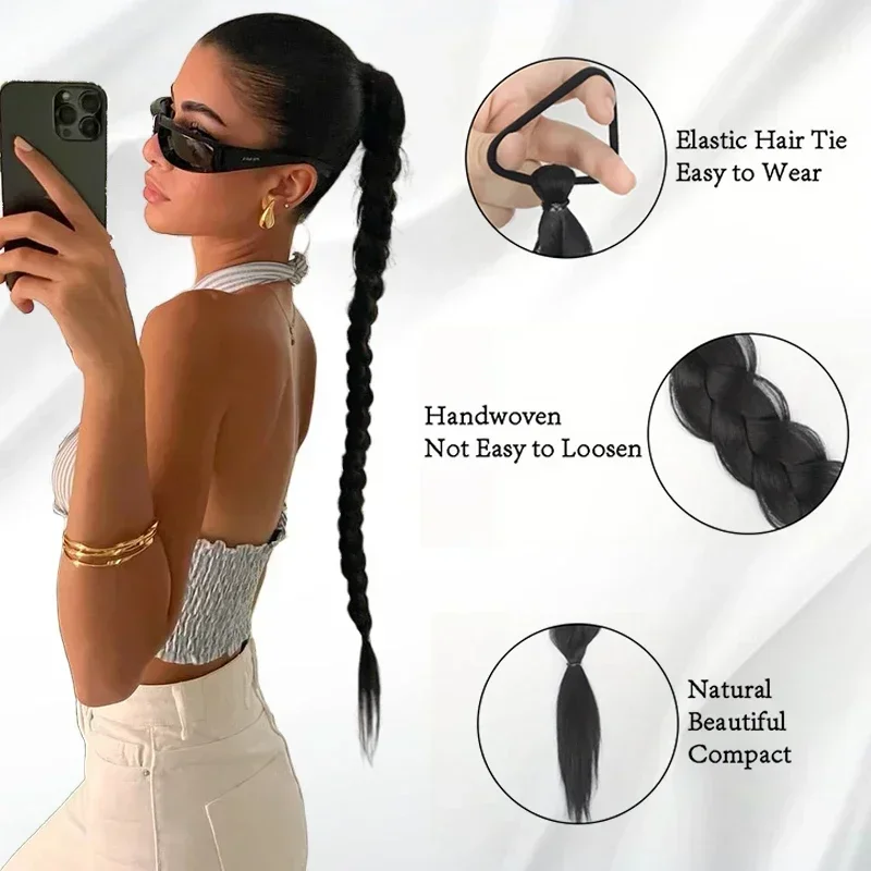 Queue de cheval tressée brune pour femme, extensions de cheveux, postiche synthétique, longue queue de cheval tressée ronde, 24 po