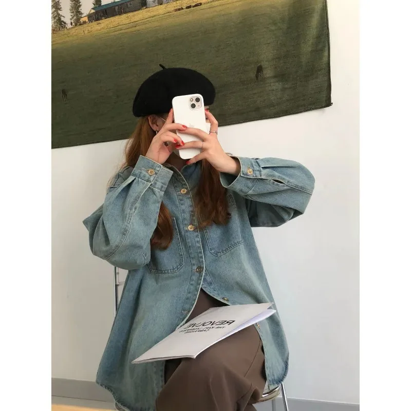 

Vintage Korean Style Denim Shirts Women Oversize Preppy Solid Basic Long Sleeve Blouse Harajuku Casual Button Top