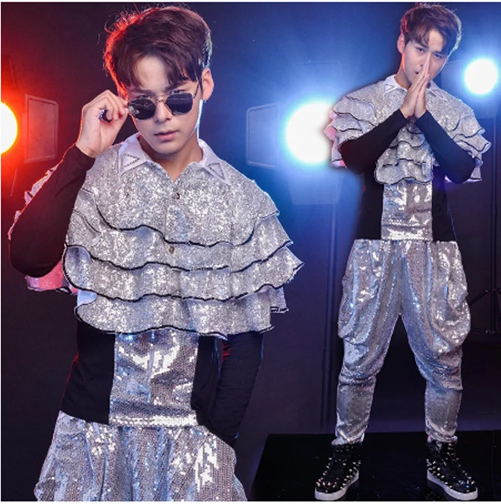 Hip Hop Dance Clothes Male Sequin Cloak Tops Pants Stage Costume Rave Festival Clothing Nightclub Gogo Dancer Outfit