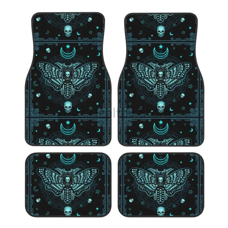 

Готические автомобильные коврики с черепом и луной, набор из 4 винтажных автомобильных ковриков со скелетом, передние и задние нескользящие автоматические коврики для ног, универсальные для автомобиля, внедорожника
