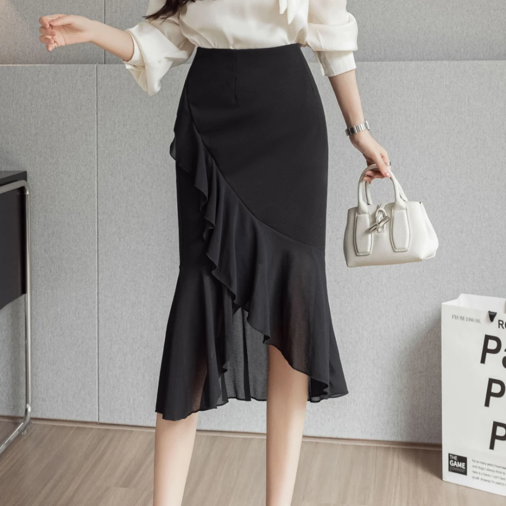 

New Fashion Ruffled Patchwork Women Midi Skirt 2023 Spring Summer High Waist Chiffon Mermaid Skirt Korean OL Elegant Skirts