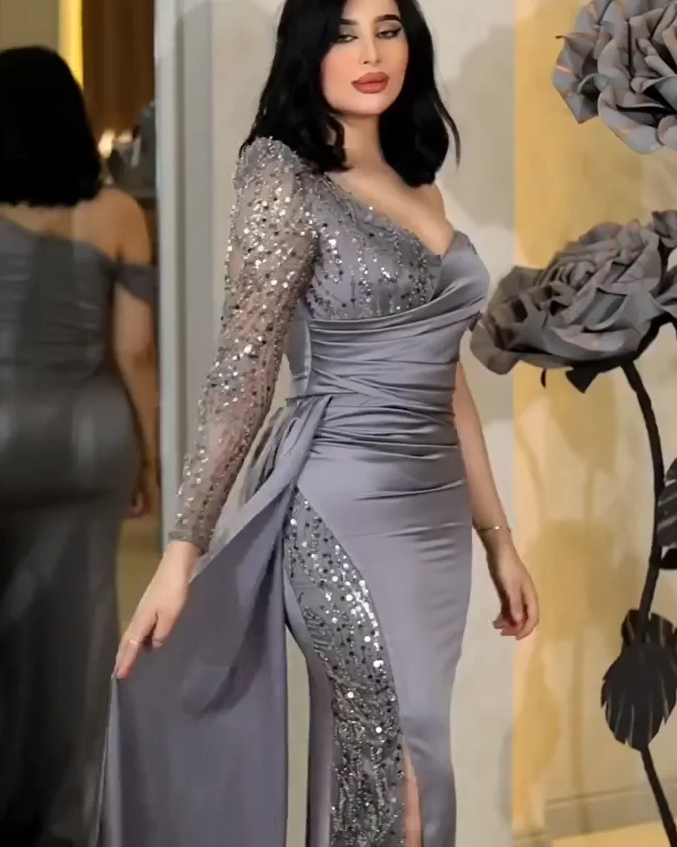 Vestido de fiesta de satén para mujer, prenda de un hombro con cuentas y lentejuelas, con abertura lateral y falda Formal, color gris y plateado, 2025