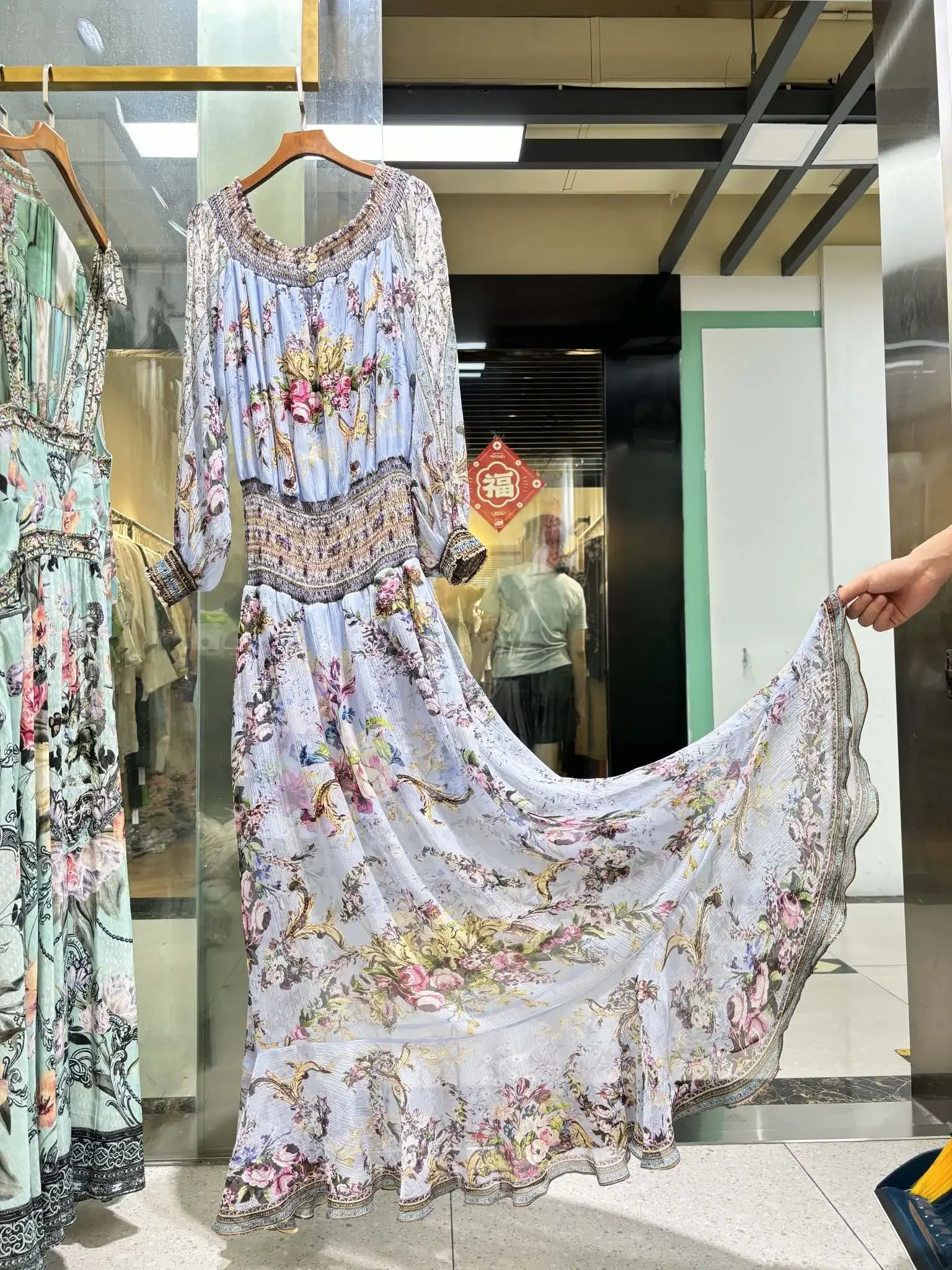 Women Blue Flower Printed Long Dress Beaded Slash Neck Long Sleeve High Waist Elegant Autumn 2024 100% Silk Robe