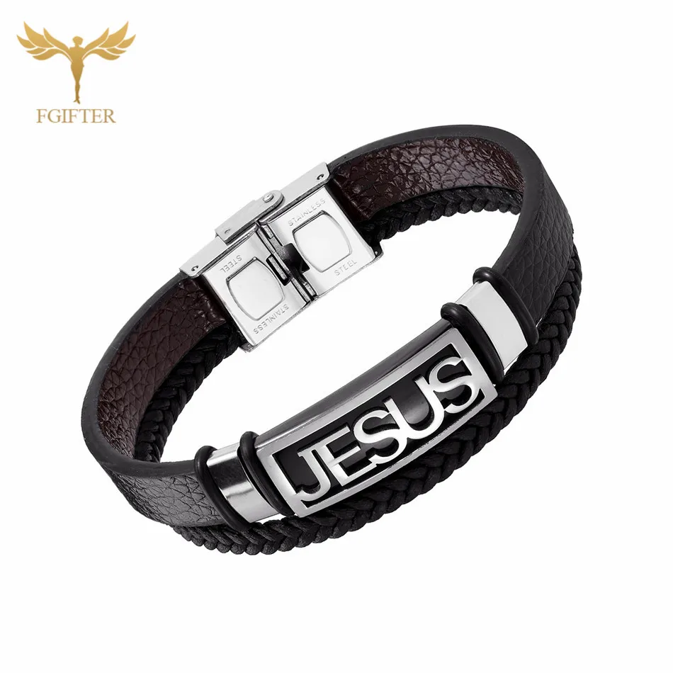 Christian Jesus Cross Stainless Steel Leather Bracelets for Men Women Multi Layer Weave Leather Jewelry Clasp Cuff Bangle Homme