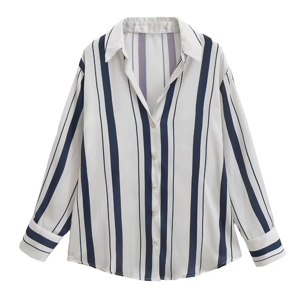 PB&ZA 2024 early autumn new women's fashion temperament versatile satin texture striped lapel drape shirt