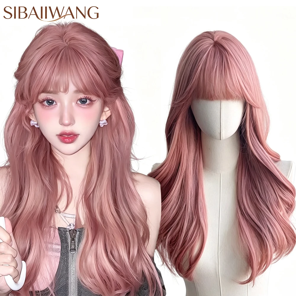 Long Natural Wavy Soft Rose Pink Synthetic Wig with Bangs Daily for Women Heat Resistant Cosplay Party Hairs Wig Synthetic Hair