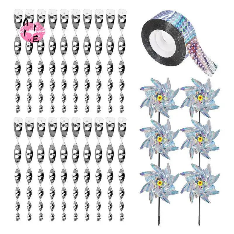 

A11E-Bird Deterrent Devices Kit,27 Pieces Set With 20 Reflective Scare Rods, 6 Pinwheels With Stakes And A Roll Of Scare Tape
