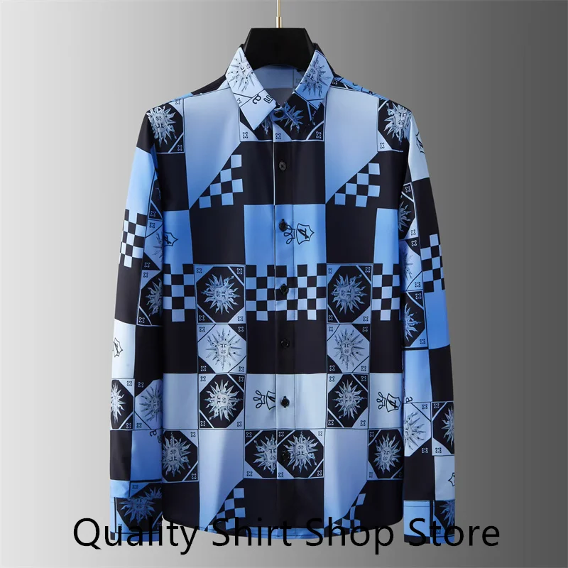 

Gradient blue plaid print men's shirt long-sleeved shirt fashionable men's business casual social shirt 2024 new