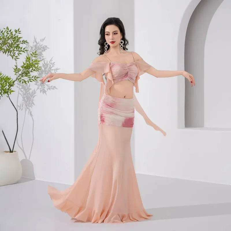 Pink Tie Dye Belly Dance Costume 2 Piece Off Shoulder Crop Top Mermaid Long Skirt Oriental Dance Practice Performance Outfit