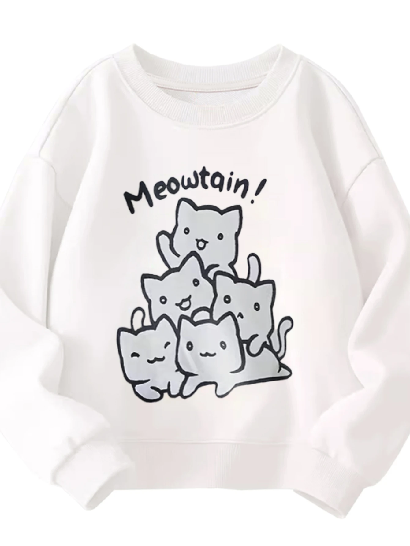 

Kids Crew Neck Sweatshirt Meowtain Whimsical Stacked Funny Cats Funny Graphic White Pullover For Casual Wear