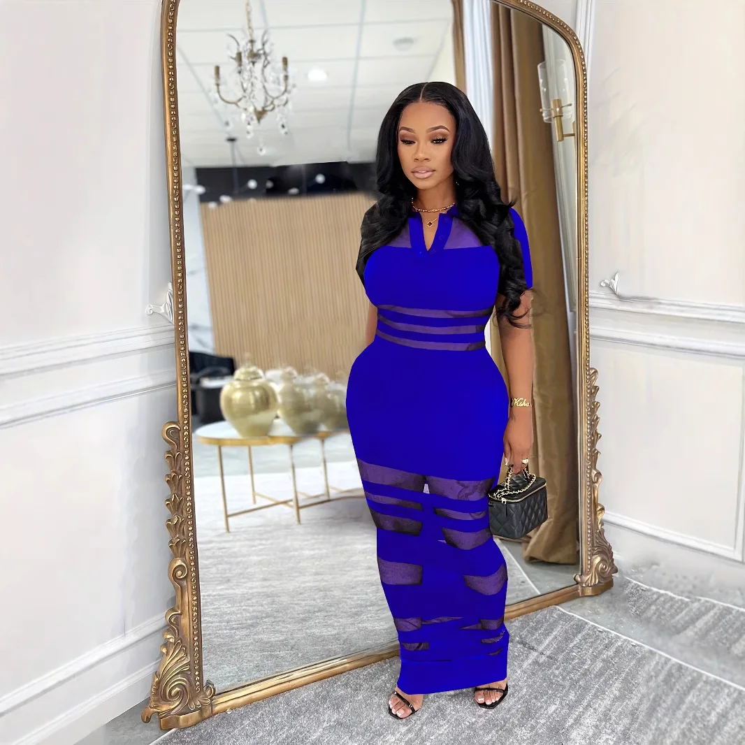 BWQ Abito lungo polo trasparente a righe trasparenti da donna Colletti rovesciati sexy Abiti da festa in gabbia Night Out Vestido Clubwear