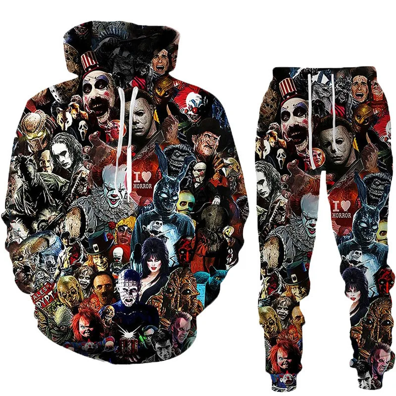 Conjunto de moletom com capuz masculino horror 3d impresso rua hoodies conjunto casual adulto duas peças moletom terno masculino feminino universal novo terno