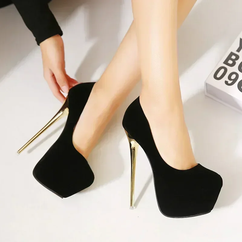 Sexy Club Suede Womens Black High Heels 16cm Stiletto Shoe Female Waterproof Stripper Flock Pumps Ladies Shoes Plus Size 45