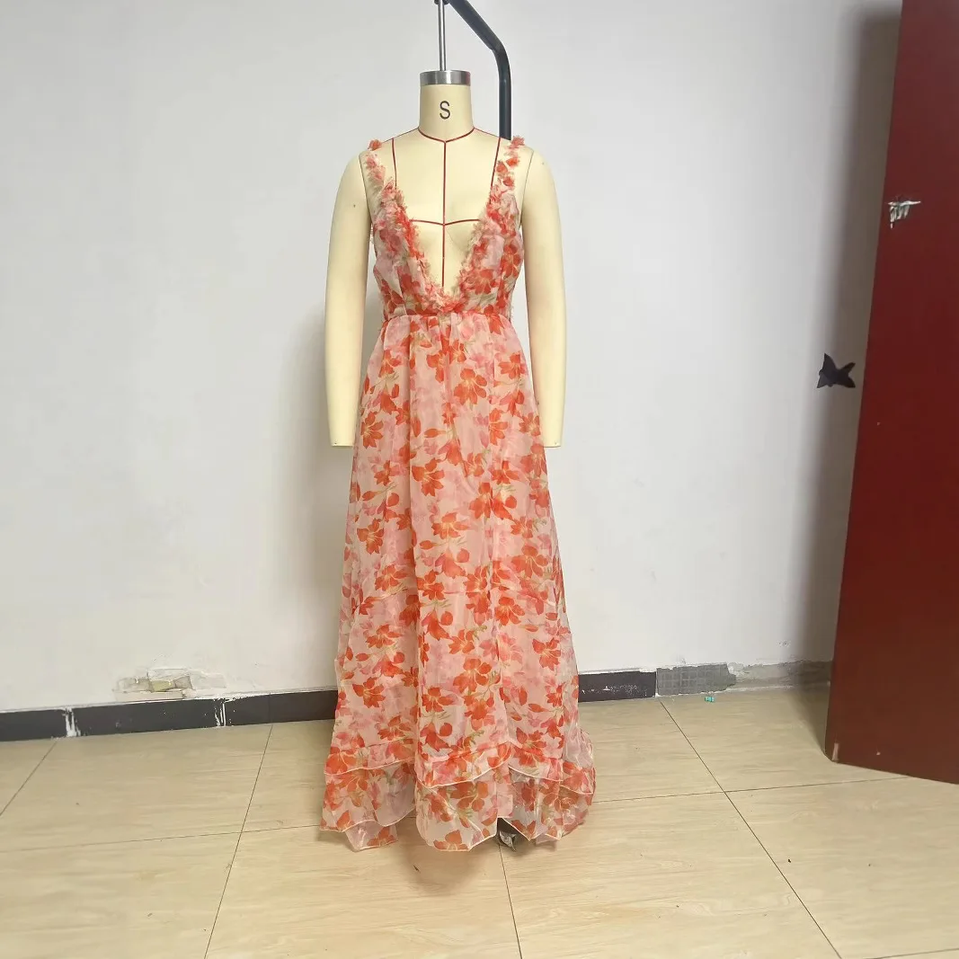 

2025 Summer New Women's Off-the-Shoulder V-neck Sling Printing Fairy Long Swing Dress Elegant Evening Dress Lady
