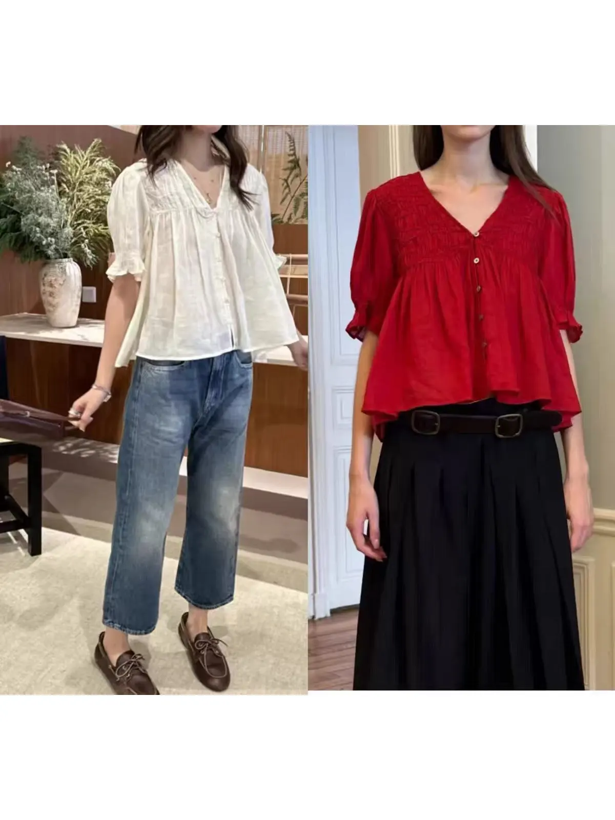 

Elegant Red Loose Short Sleeve V-Neck Single Button Women's Shirt Spring New Style Breathable Comfortable Chinese Production