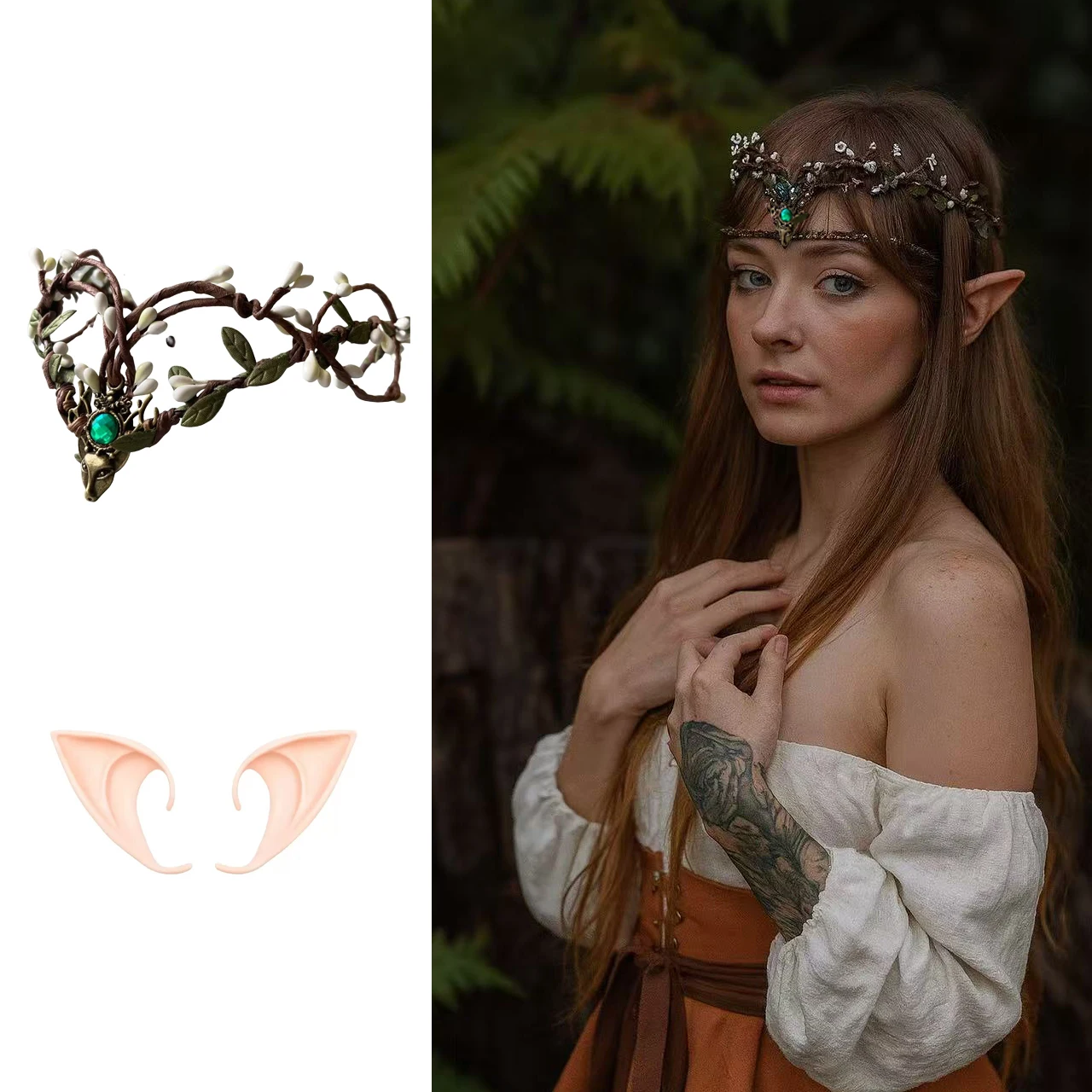 

elf crown with deer antler design faux green gemstone white bud leaf vine details woodland fairy tiara Renaissance cosplay