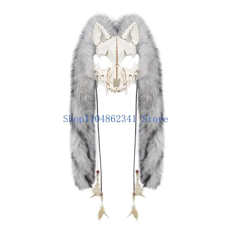 

5asd Animal Halloween Mask Faux Furs Vikinges Foxes Mask Werewolfs Costume Cosplay Accessory Furry Wolf Mask for Themed Party