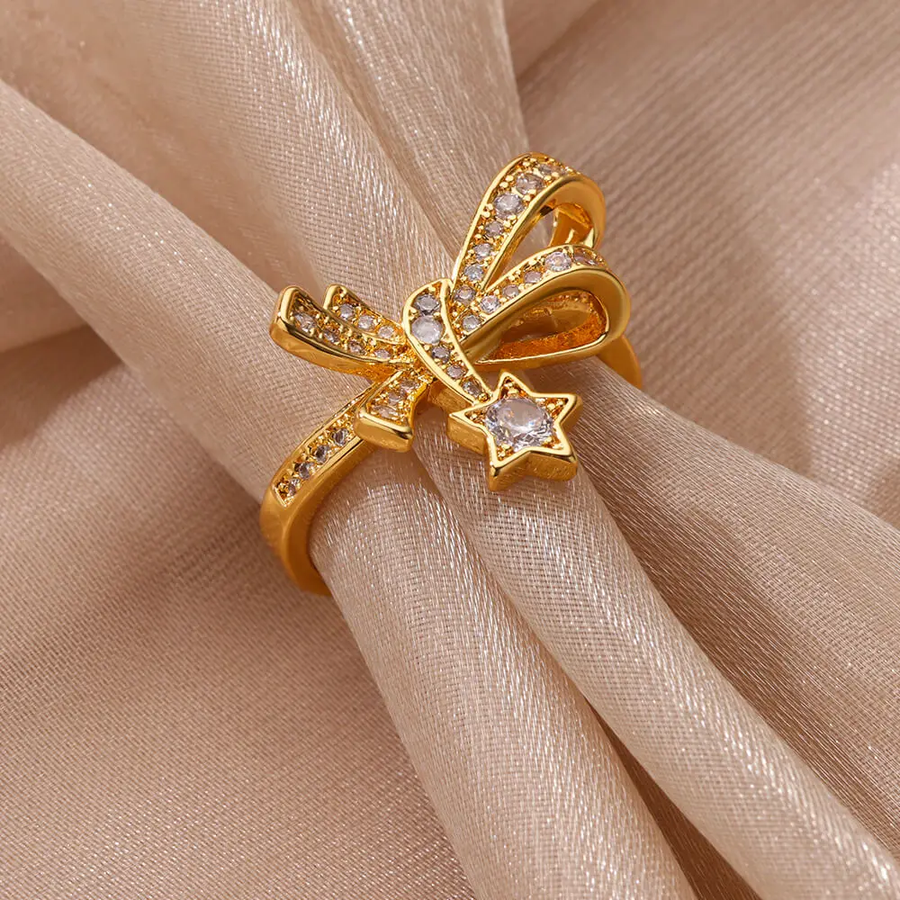 Zircon Bowknot Star Rings For Women Gold Color Stainless Steel Adjustable Finger Ring Wedding Aesthetic Jewelry Gift 2024