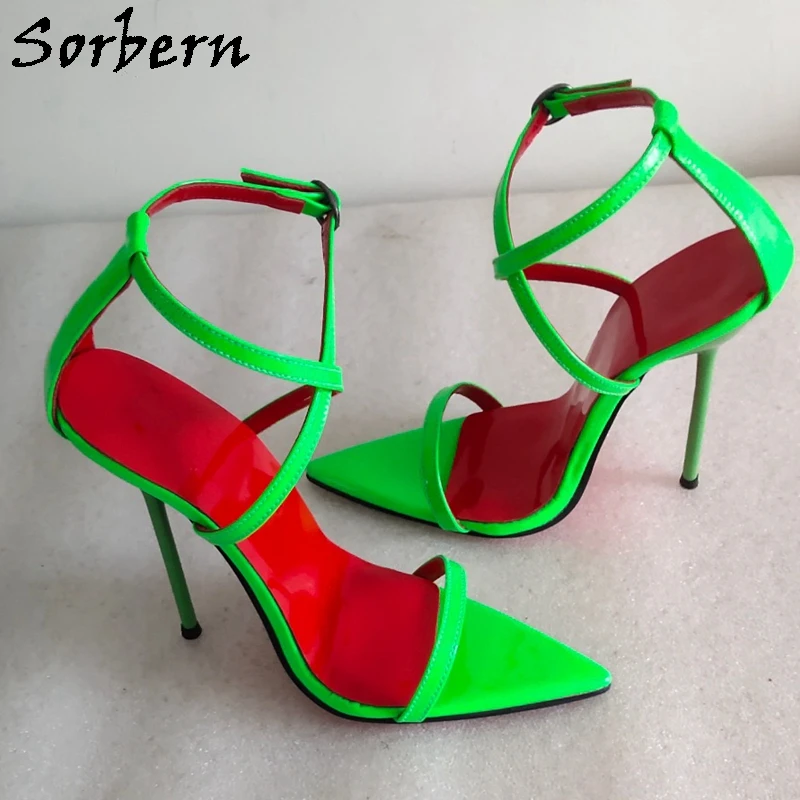 Sorbern Fresh Green Women Sandals 14cm High Heel Stilettos Slingback Cross Straps Pointed Toe Sissy Boy Shoes Multi Colors