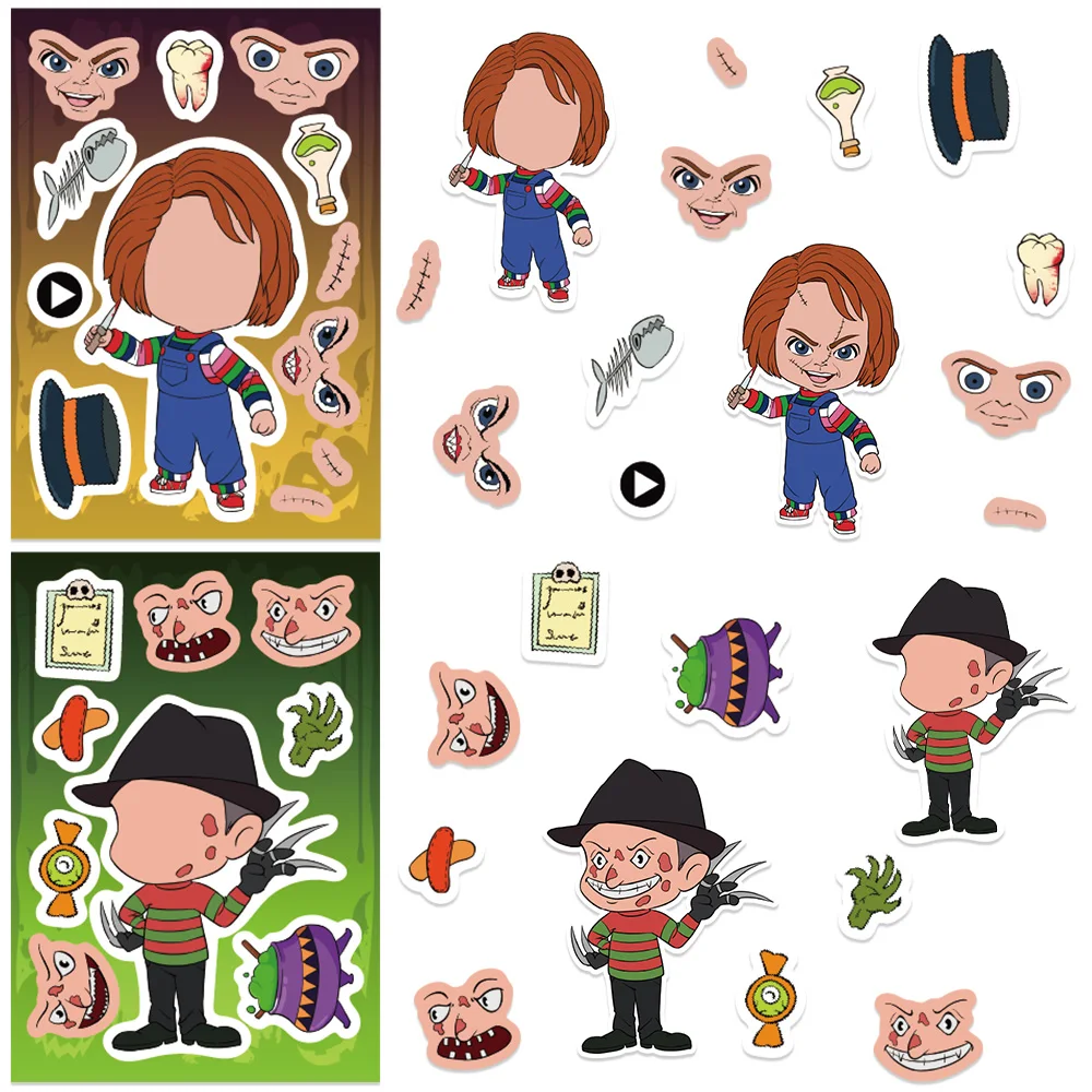 8/16/32Sheets Horrible Movie Make A Face DIY Puzzle Stickers Decals For Phone Laptop Dress Up Game Face Funny Assemble Stickers