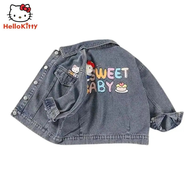 Kawaii Kids Cartoon Denim Jacket Anime Hello Kittys Spring Autumn Student Leisure Coat Versatile Loose Cardigan Tops Girls Gifts