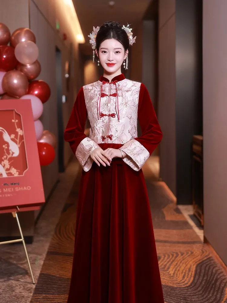 

New Chinese Sle Long Sve Wedding Dr for Bride Winter Engagement Return Home Autumn Winter Red Dr Evening Gown