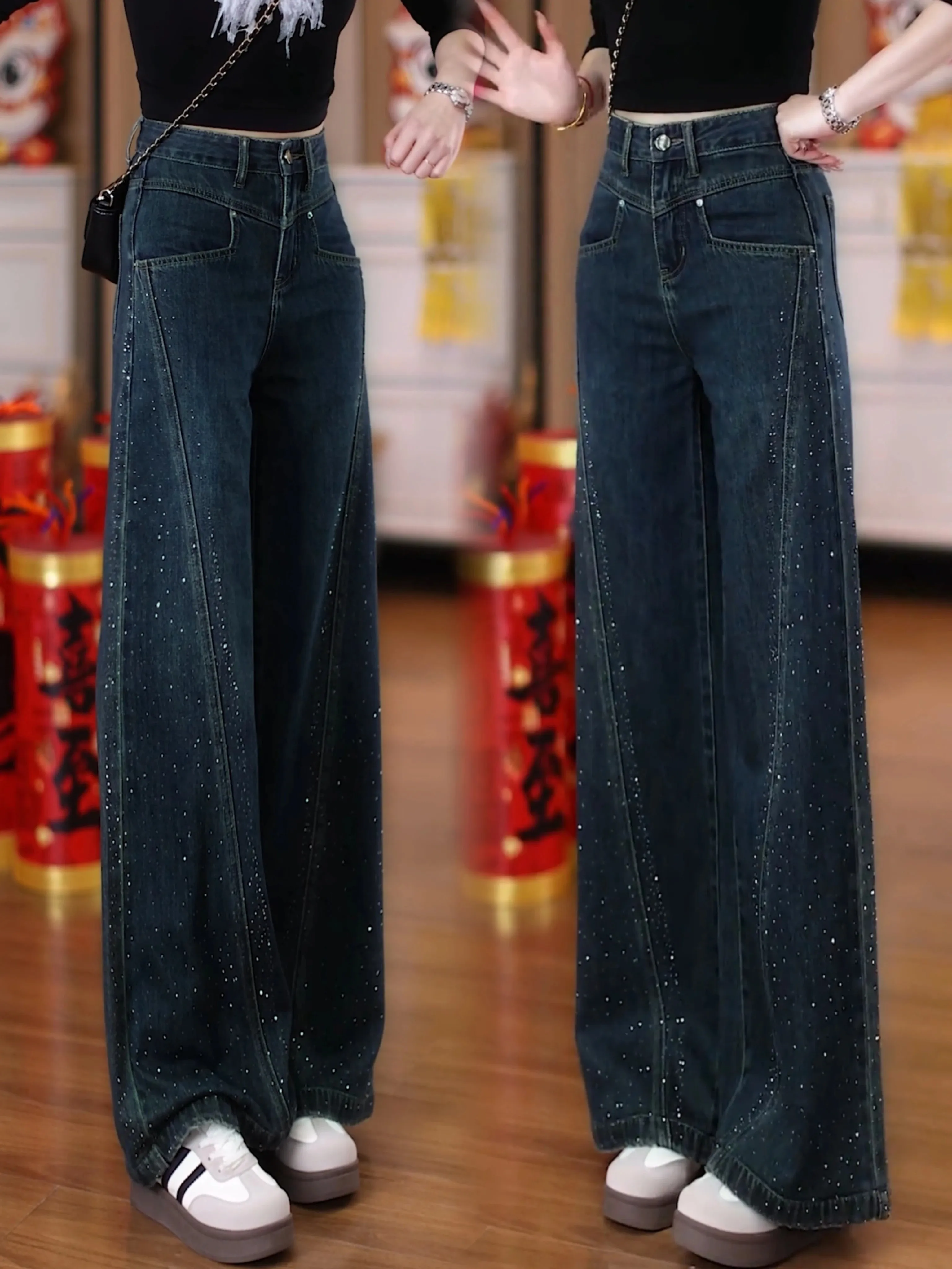 Deep Blue Sequin Wide Leg Denim Jeans Women's High Waist Slim Fit Straight Cut Trousers Autumn New Style Small Size Friendly