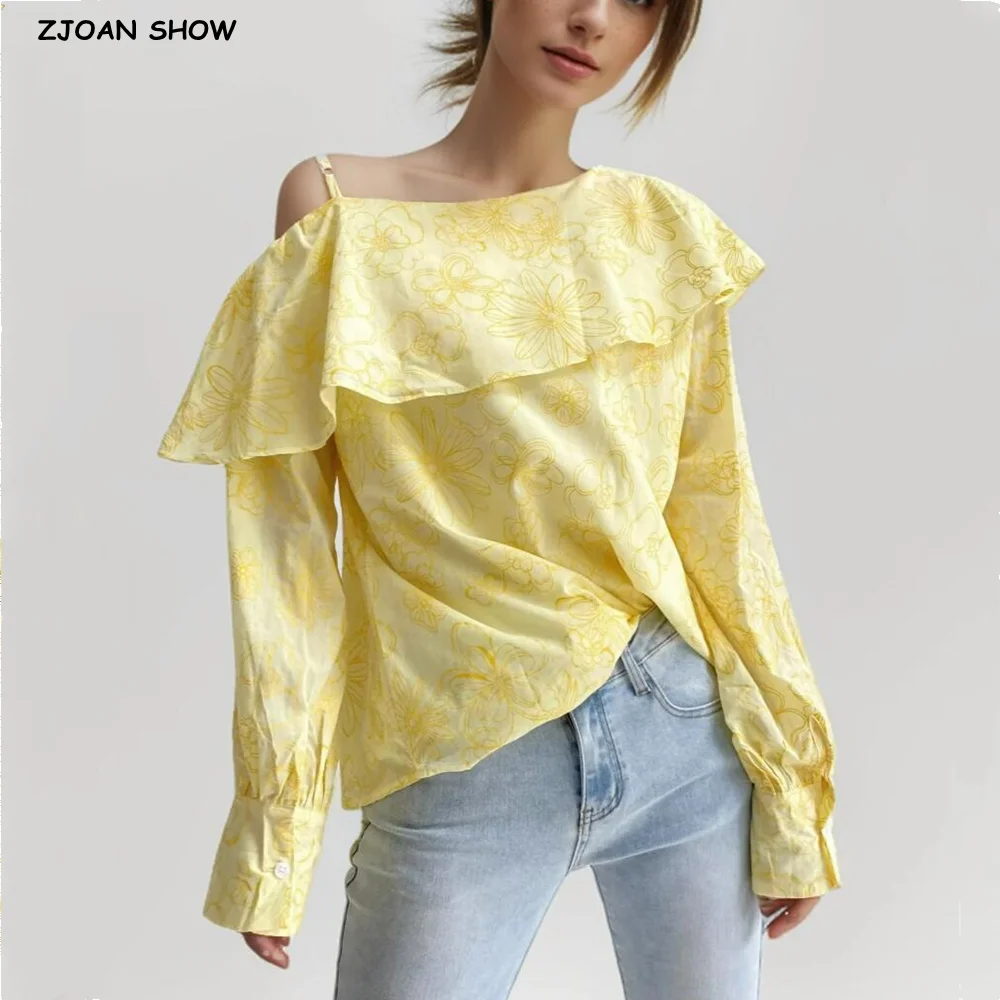 2024 Summer Lapel Oblique Collar One Off Shoulder Pullover Shirt Women Full Sleeve Loose Blouses Tops Yellow White