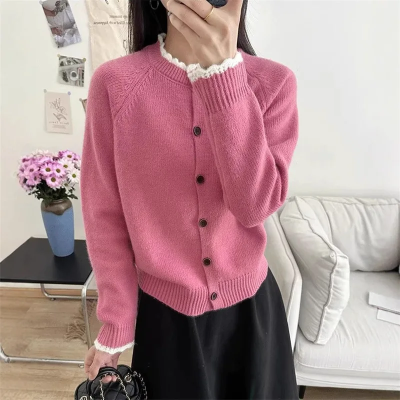 

Autumn Winter Lace stitching Knitted Sweater Short Cardigan jacket Loose Crew Neck korean Fashion solid Sweaters for youth Women