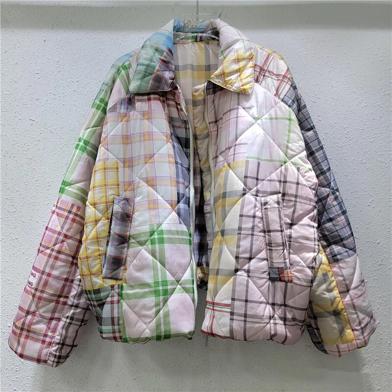 DEAT Płaszcz damski Patchwork Plaid Contrast Color Printed Cotton-padded Grube kurtki casual 2024 Winter New Fashion 29L9075