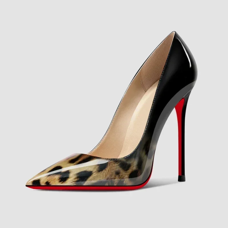 Saltos grandes gradiente vermelho inferior feminino, padrão de leopardo sexy apontou sapatos, sapatos de graduação preto, profissional, novo