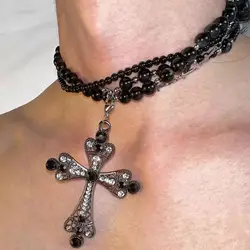 KMVEXO Big Cross Pendant Black Pearl Chokers Necklace for Women Vampire Cross Rosary Bead Punk Gothic Jewelry Party Accessories