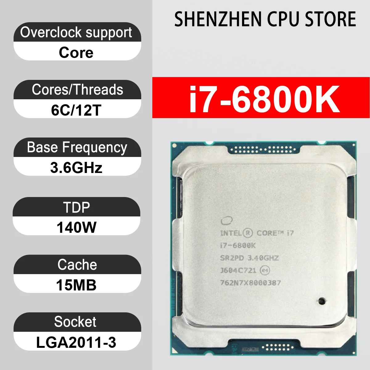 Intel Core i7-6800K 6 Core 12 Thread 3.60GHz 140W 15MB Cache 14nm LGA2011-3 SR2PD DDR4-2400 MHz Broadwell-E